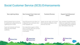 Social Customer Service (SCS) Enhancements
New Lightning Setup New Compact Feed, Intent and
Actions
Facebook Reviews Support for Professional
Edition
Social Customer Service can now
be enabled and configured from the
Lightning Service Setup.
Login into Facebook and Twitter
using your Social Studio
credentials.
Social Post preview now shows in a
Collapsable View and Intents show
in the expanded view
New intent allows agents to follow
users on Twitter and set up a private
Twitter Direct Message
Conversation.
Agents can now easily view reviews
from Facebook and Reply to them
from the Case Feed.
Now customers using Professional
Edition can support their customers
on Social media without needing to
have API Enabled in their org.
Release Notes
Release Notes
Release Notes
Release Notes Release Notes
 