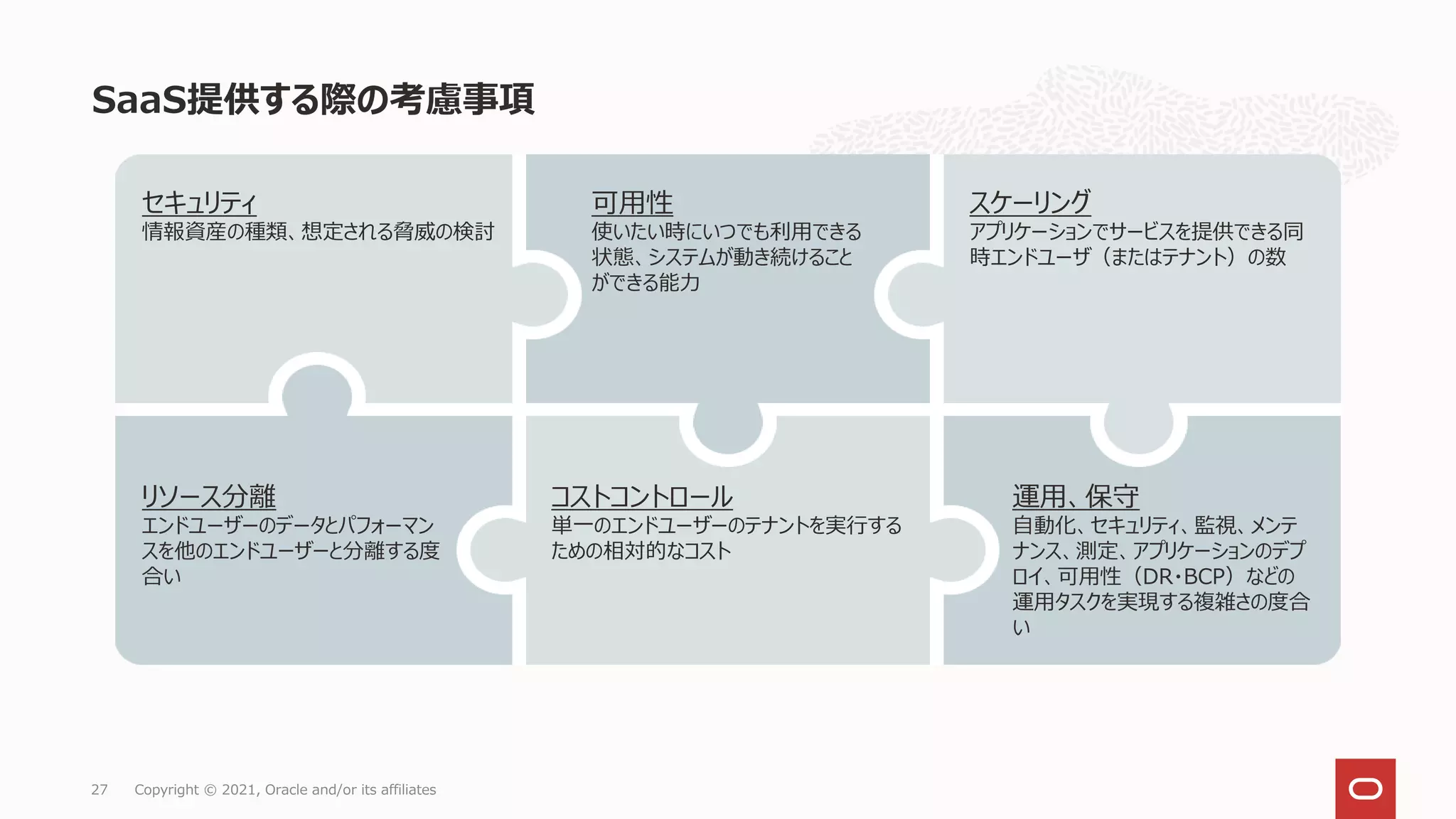 SaaS提供する際の考慮事項
Copyright © 2021, Oracle and/or its affiliates
27
セキュリティ
情報資産の種類、想定される脅威の検討
可用性
使いたい時にいつでも利用できる
状態、システムが動き続けること
ができる能力
スケーリング
アプリケーションでサービスを提供できる同
時エンドユーザ（またはテナント）の数
リソース分離
エンドユーザーのデータとパフォーマン
スを他のエンドユーザーと分離する度
合い
コストコントロール
単一のエンドユーザーのテナントを実行する
ための相対的なコスト
運用、保守
自動化、セキュリティ、監視、メンテ
ナンス、測定、アプリケーションのデプ
ロイ、可用性（DR・BCP）などの
運用タスクを実現する複雑さの度合
い
 