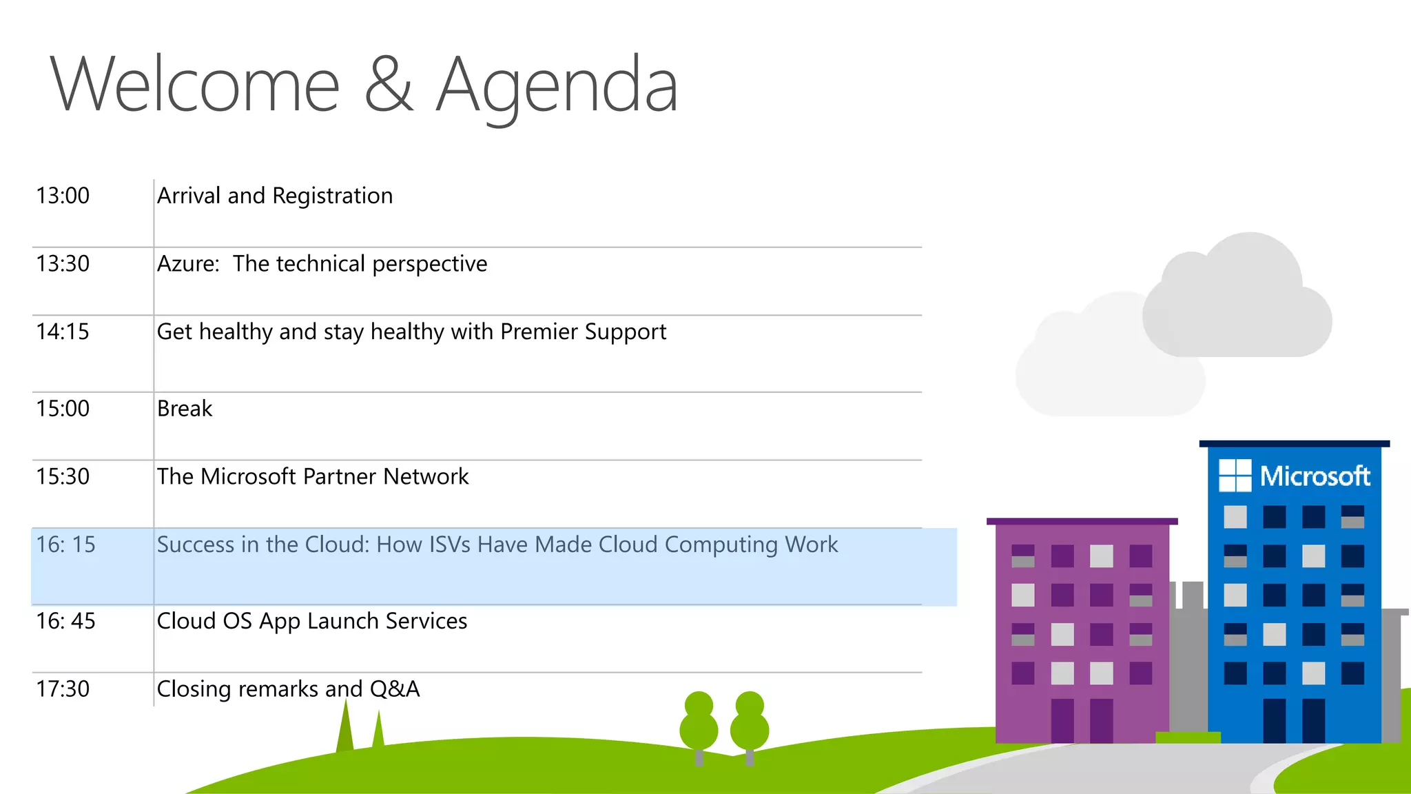 13:00 Arrival and Registration
13:30 Azure: The technical perspective
14:15 Get healthy and stay healthy with Premier Support
15:00 Break
15:30 The Microsoft Partner Network
16: 15 Success in the Cloud: How ISVs Have Made Cloud Computing Work
16: 45 Cloud OS App Launch Services
17:30 Closing remarks and Q&A
 
