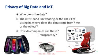 Warwick Business School
Privacy of Big Data and IoT
 Who owns the data?
 The wrist-band I’m wearing or the chair I’m
sitting in, where does the data come from? Me
or the object?
 How do companies use these?
Transparency?
 