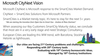Microsoft CityNext Vision
Microsoft CityNext is Microsoft response to the SmartCities Market Demand.
CityNext = SmartCities Solutions from Microsoft Partners
SmartCities is a Market trendy topic. It’s here to stay for the next 5+ years
"We are starting the transition from Open Gov to Smart Gov - Andrea di Maio (Gartner)“
When assessing our Key Customers SmartCity Maturity status, we conclude
that most are in a very early stage and need Strategic Consultancy.
European Cities are leading this WW trend, with Barcelona, Stockholm,
Helsinki as lighthouses.
Our cities are facing 21st Century problems and challenges,
Responding with 20th Century tools
Evaluating with 19th Century bureaucratic ideas.
Managed by 18th Century Institutions
 
