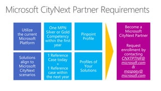 Microsoft CityNext Partner Requirements
One MPN
Silver or Gold
Competency
within the first
year
1 Reference
Case today
+
1 Reference
case within
the next year
Pinpoint
Profile
Profiles of
Your
Solutions
Utilize
the current
Microsoft
Platform
Solutions
align to
Microsoft
CityNext
scenarios
Become a
Microsoft
CityNext Partner
Request
enrollment by
contacting
CNXTPTNR@
microsoft.com
&
maspaey@
microsoft.com
 