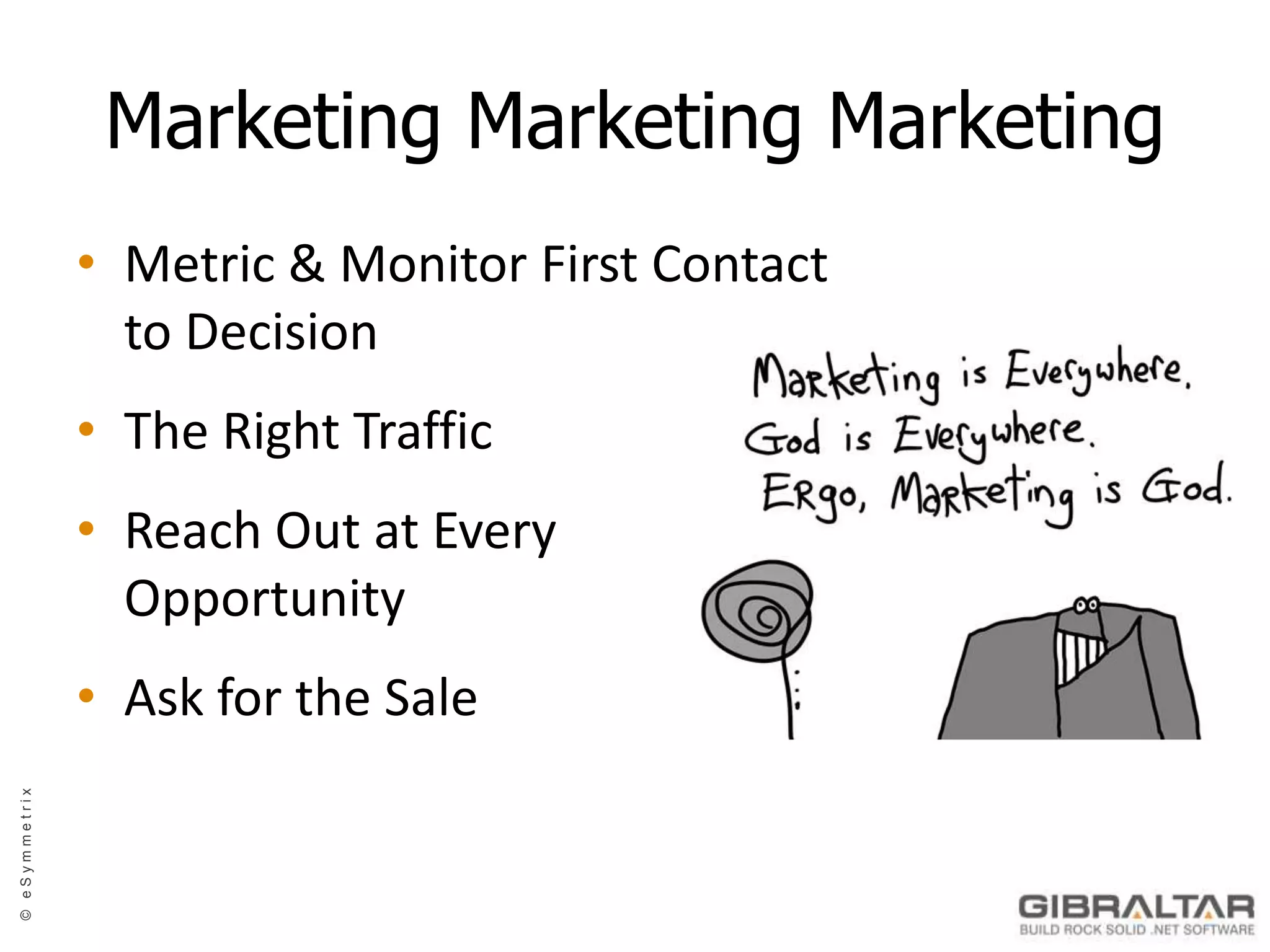 Marketing MarketingMarketingMetric & Monitor First Contact to DecisionThe Right TrafficReach Out at Every OpportunityAsk for the Sale