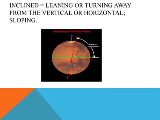 INCLINED = LEANING OR TURNING AWAY
FROM THE VERTICAL OR HORIZONTAL;
SLOPING.
 