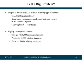 Is It a Big Problem?
•

DBpedia has at least 2.7 million missing type statements
– w.r.t. the DBpedia ontology
– found using co-occurence analysis of matching classes
in YAGO and DBpedia
– a very optimistic lower bound

•

Highly incomplete classes:
– Species: >870,000 missing statements
– Person: >510,000 missing statements
– Event: >150,000 missing statements

10/31/13

Heiko Paulheim, Christian Bizer

6

 