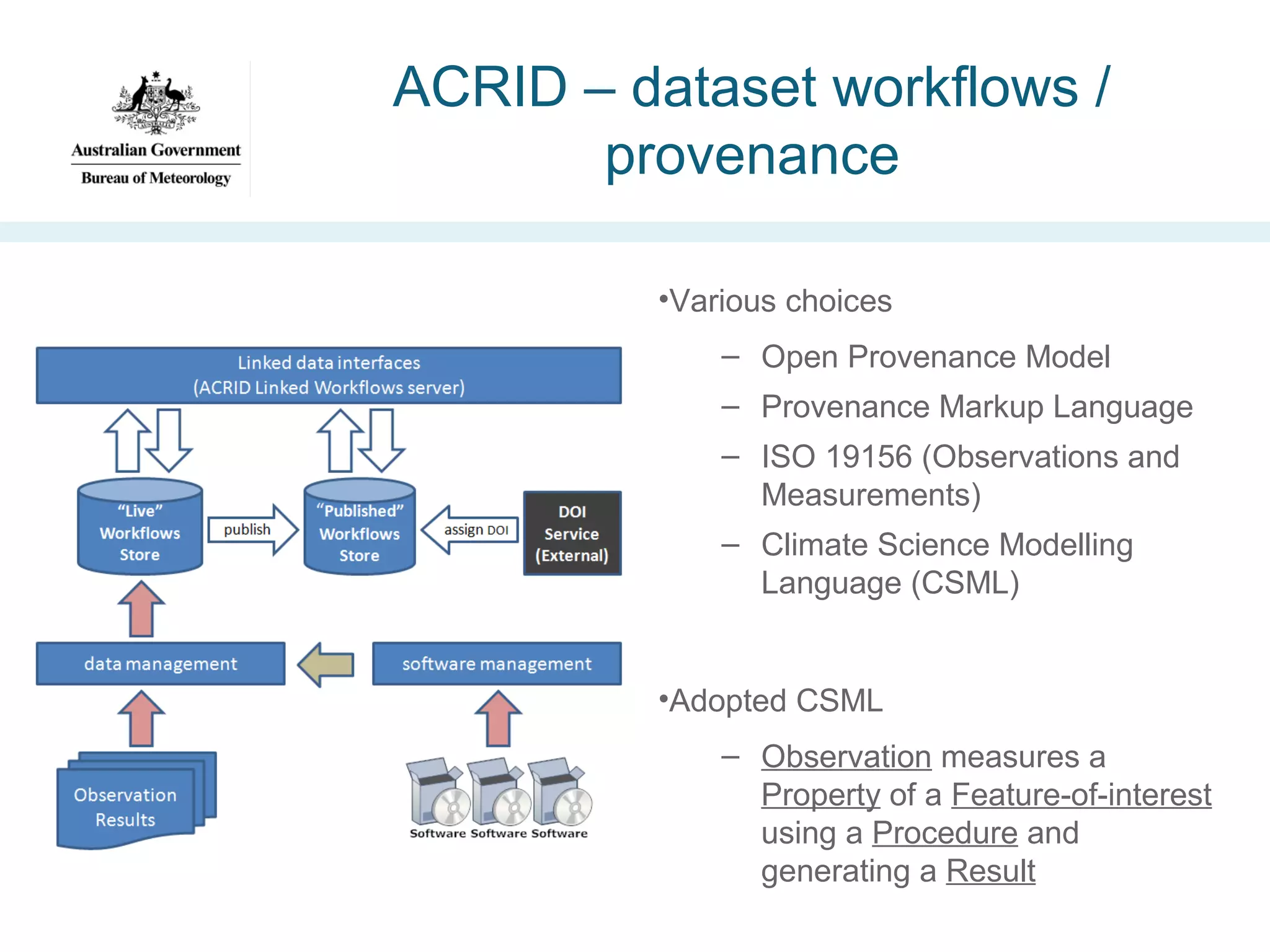 ACRID – dataset workflows /
provenance
•Various choices
– Open Provenance Model
– Provenance Markup Language
– ISO 19156 (Observations and
Measurements)
– Climate Science Modelling
Language (CSML)

•Adopted CSML
– Observation measures a
Property of a Feature-of-interest
using a Procedure and
generating a Result

 