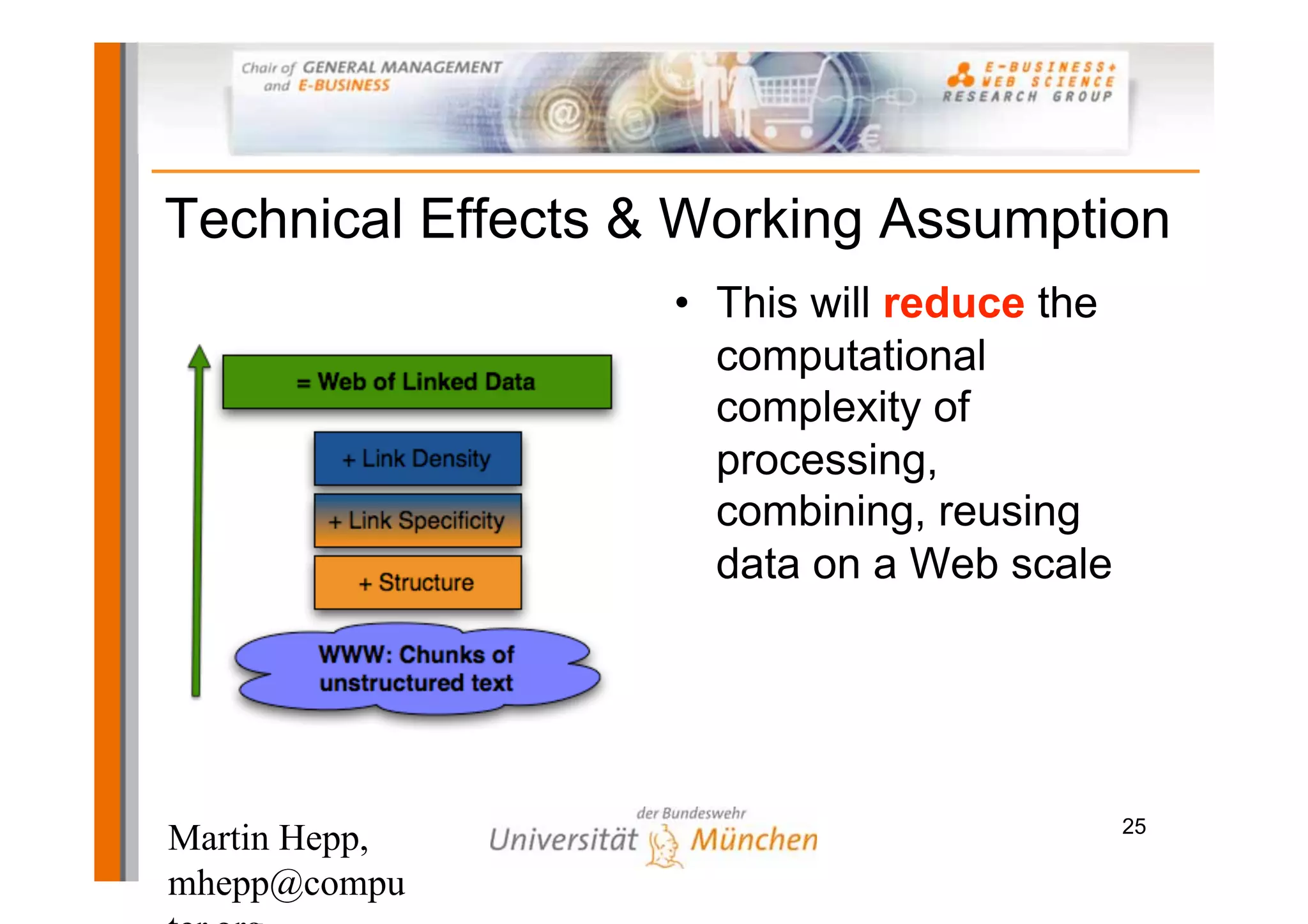 Technical Effects & Working Assumption
                   • This will reduce the
                     computational
                     complexity of
                     processing,
                     combining, reusing
                     data on a Web scale




                                            25
Martin Hepp,
mhepp@compu
 