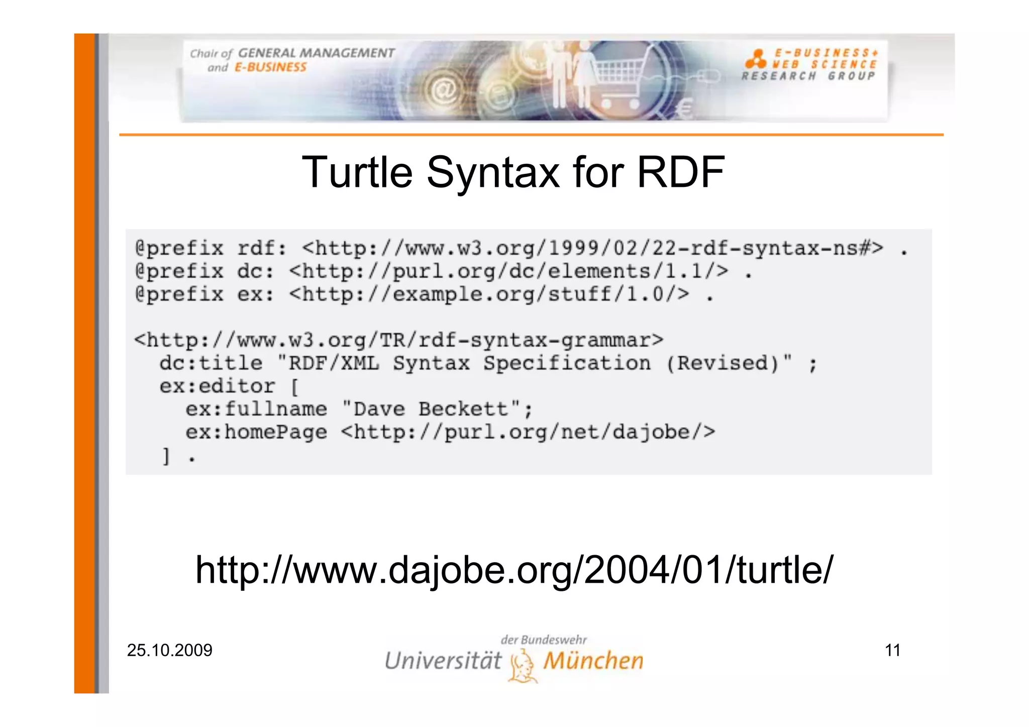 Turtle Syntax for RDF




       http://www.dajobe.org/2004/01/turtle/
25.10.2009                                     11
 