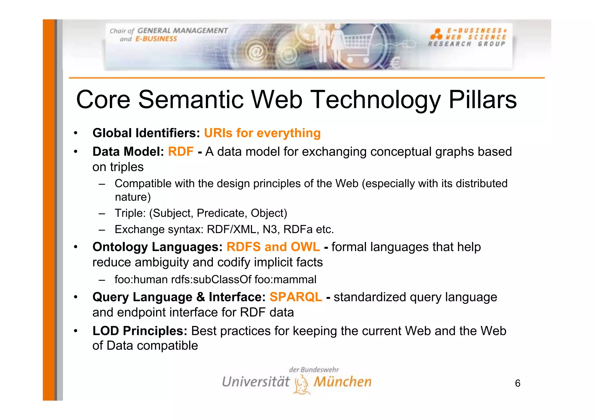 Core Semantic Web Technology Pillars
•   Global Identifiers: URIs for everything
•   Data Model: RDF - A data model for exchanging conceptual graphs based
    on triples
     – Compatible with the design principles of the Web (especially with its distributed
       nature)
     – Triple: (Subject, Predicate, Object)
     – Exchange syntax: RDF/XML, N3, RDFa etc.
•   Ontology Languages: RDFS and OWL - formal languages that help
    reduce ambiguity and codify implicit facts
     – foo:human rdfs:subClassOf foo:mammal
•   Query Language & Interface: SPARQL - standardized query language
    and endpoint interface for RDF data
•   LOD Principles: Best practices for keeping the current Web and the Web
    of Data compatible

                                                                                           6
 