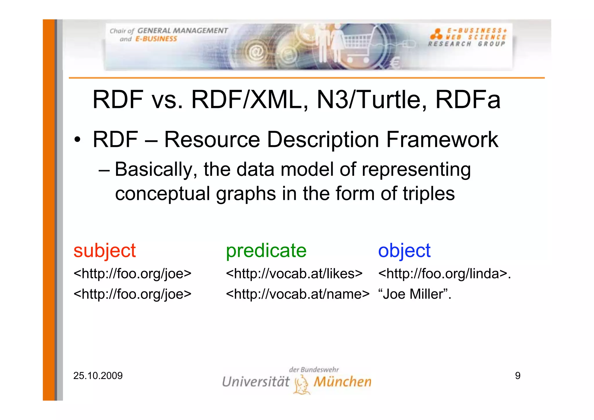 RDF vs. RDF/XML, N3/Turtle, RDFa
• RDF – Resource Description Framework
     – Basically, the data model of representing
       conceptual graphs in the form of triples

subject                predicate                object
<http://foo.org/joe>   <http://vocab.at/likes> <http://foo.org/linda>.
<http://foo.org/joe>   <http://vocab.at/name> “Joe Miller”.




25.10.2009                                                               9
 