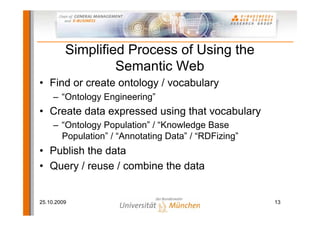 Simplified Process of Using the
                  Semantic Web
• Find or create ontology / vocabulary
     – “Ontology Engineering”
• Create data expressed using that vocabulary
     – “Ontology Population” / “Knowledge Base
       Population” / “Annotating Data” / “RDFizing”
• Publish the data
• Query / reuse / combine the data


25.10.2009                                            13
 
