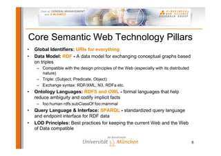 Core Semantic Web Technology Pillars
•   Global Identifiers: URIs for everything
•   Data Model: RDF - A data model for exchanging conceptual graphs based
    on triples
     – Compatible with the design principles of the Web (especially with its distributed
       nature)
     – Triple: (Subject, Predicate, Object)
     – Exchange syntax: RDF/XML, N3, RDFa etc.
•   Ontology Languages: RDFS and OWL - formal languages that help
    reduce ambiguity and codify implicit facts
     – foo:human rdfs:subClassOf foo:mammal
•   Query Language & Interface: SPARQL - standardized query language
    and endpoint interface for RDF data
•   LOD Principles: Best practices for keeping the current Web and the Web
    of Data compatible

                                                                                           6
 