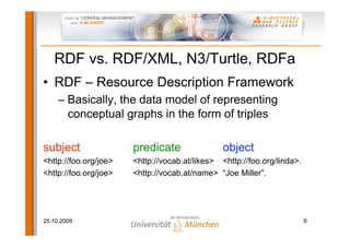 RDF vs. RDF/XML, N3/Turtle, RDFa
• RDF – Resource Description Framework
     – Basically, the data model of representing
       conceptual graphs in the form of triples

subject                predicate                object
<http://foo.org/joe>   <http://vocab.at/likes> <http://foo.org/linda>.
<http://foo.org/joe>   <http://vocab.at/name> “Joe Miller”.




25.10.2009                                                               9
 