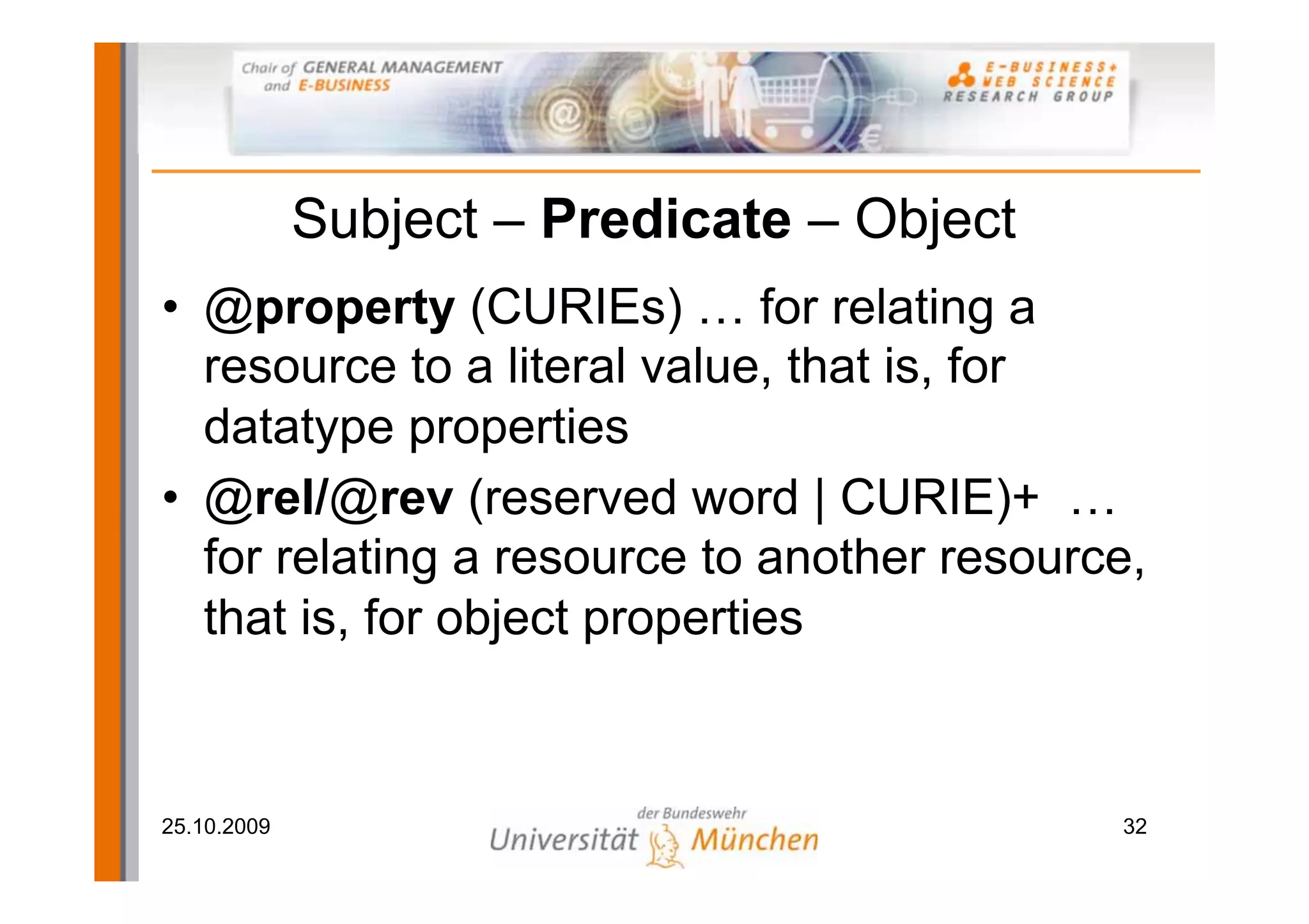 Subject – Predicate – Object
• @property (CURIEs) … for relating a
  resource to a literal value, that is, for
  datatype properties
• @rel/@rev (reserved word | CURIE)+ …
  for relating a resource to another resource,
  that is, for object properties



25.10.2009                                  32
 