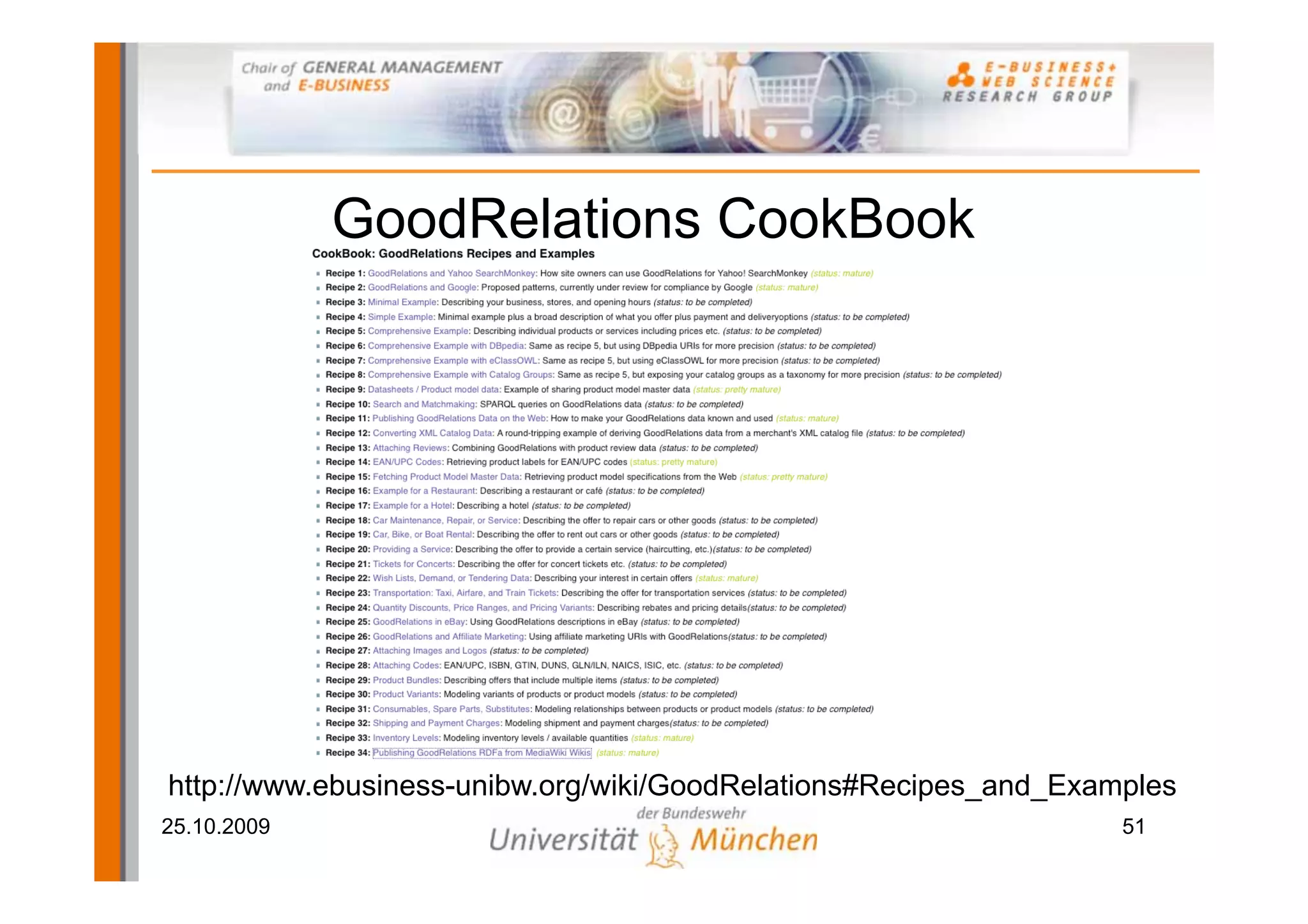 GoodRelations CookBook




http://www.ebusiness-unibw.org/wiki/GoodRelations#Recipes_and_Examples
25.10.2009                                                        51
 