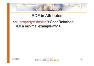 RDF in Attributes
 <h1 property="dc:title">GoodRelations
  RDFa minimal example</h1>




25.10.2009                               30
 