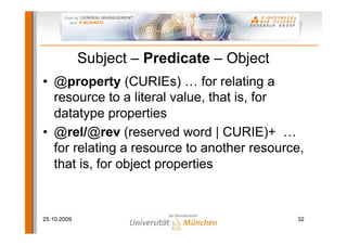 Subject – Predicate – Object
• @property (CURIEs) … for relating a
  resource to a literal value, that is, for
  datatype properties
• @rel/@rev (reserved word | CURIE)+ …
  for relating a resource to another resource,
  that is, for object properties



25.10.2009                                  32
 