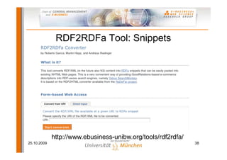RDF2RDFa Tool: Snippets




             http://www.ebusiness-unibw.org/tools/rdf2rdfa/
25.10.2009                                                    38
 
