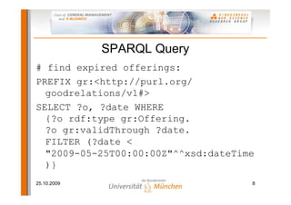 SPARQL Query
# find expired offerings:
PREFIX gr:<http://purl.org/
  goodrelations/v1#>
SELECT ?o, ?date WHERE
  {?o rdf:type gr:Offering.
  ?o gr:validThrough ?date.
  FILTER (?date <
  "2009-05-25T00:00:00Z"^^xsd:dateTime
  )}
25.10.2009                           8
 