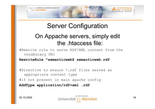 Server Configuration
             On Appache servers, simply edit
                    the .htaccess file:
#Rewrite rule to...