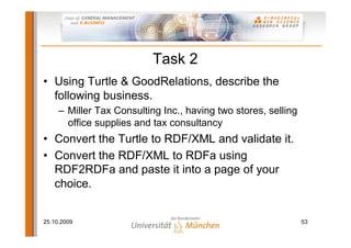 Task 2
• Using Turtle & GoodRelations, describe the
  following business.
     – Miller Tax Consulting Inc., having two st...