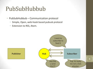 • PubSubHubbub – Communication protocol
  • Simple, Open, web-hook based pubsub protocol
  • Extension to RSS, Atom.



                                         I want to
                                       subscribe to
                                           feed X




   Publisher                  Hub                     Subscriber

                                                                          6
                                    Hey Did             Yup, its really
                                    u send              me not a DoS
                                     this??               attacker.
 