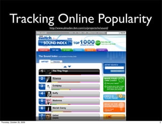 Tracking Online Popularity
                             http://www.almaden.ibm.com/cs/projects/iis/sound/




Thursday, Oc...