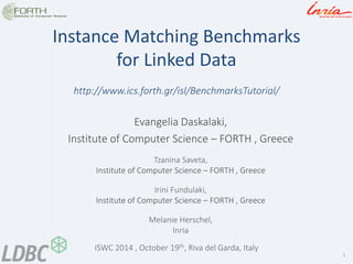1 
Instance Matching Benchmarks for Linked Data 
Evangelia Daskalaki, 
Institute of Computer Science – FORTH , Greece 
Tzanina Saveta, 
Institute of Computer Science – FORTH , Greece 
Irini Fundulaki, 
Institute of Computer Science – FORTH , Greece 
Melanie Herschel, 
Inria 
ISWC 2014 , October 19th, Riva del Garda, Italy 
http://www.ics.forth.gr/isl/BenchmarksTutorial/  