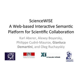ScienceWISE	
  
A	
  Web-­‐based	
  Interac2ve	
  Seman2c	
  
Pla7orm	
  for	
  Scien2ﬁc	
  Collabora2on	
  
Karl	
  Aberer,	
  Alexey	
  Boyarsky,	
  
Philippe	
  Cudré-­‐Maurox,	
  Gianluca	
  
Demar-ni,	
  and	
  Oleg	
  Ruchayskiy	
  
 