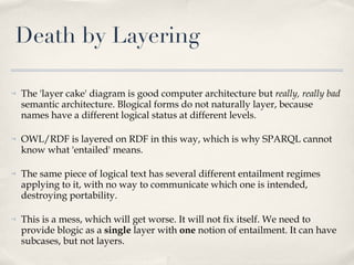 Death by Layering The 'layer cake' diagram is good computer architecture but  really, really bad  semantic architecture. Blogical forms do not naturally layer, because names have a different logical status at different levels. OWL/RDF is layered on RDF in this way, which is why SPARQL cannot know what 'entailed' means.  The same piece of logical text has several different entailment regimes applying to it, with no way to communicate which one is intended, destroying portability.  This is a mess, which will get worse. It will not fix itself. We need to provide blogic as a  single  layer with  one  notion of entailment. It can have subcases, but not layers. 