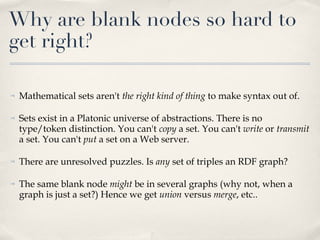 Mathematical sets aren't  the right kind of thing  to make syntax out of. Sets exist in a Platonic universe of abstractions. There is no type/token distinction. You can't  copy  a set. You can't  write  or  transmit  a set. You can't  put  a set on a Web server.  There are unresolved puzzles. Is  any  set of triples an RDF graph?  The same blank node  might  be in several graphs (why not, when a graph is just a set?) Hence we get  union  versus  merge , etc..  Why are blank nodes so hard to get right? 