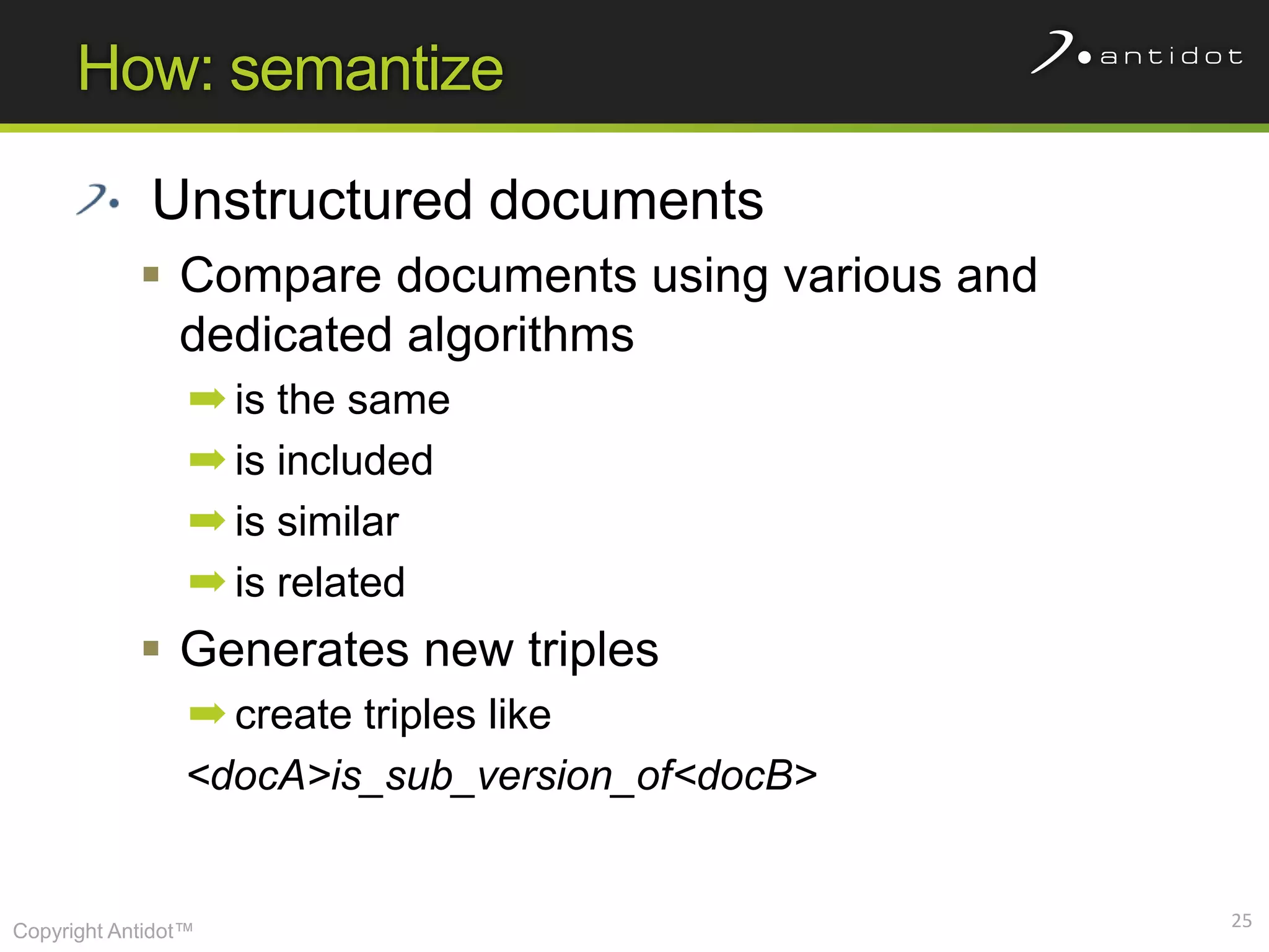 How: semantize

             Unstructured documents
             Compare documents using various and
              dedicated algorithms
                 ➡ is the same
                 ➡ is included
                 ➡ is similar
                 ➡ is related
             Generates new triples
                 ➡ create triples like
                 <docA>is_sub_version_of<docB>


                                                    25
Copyright Antidot™
 