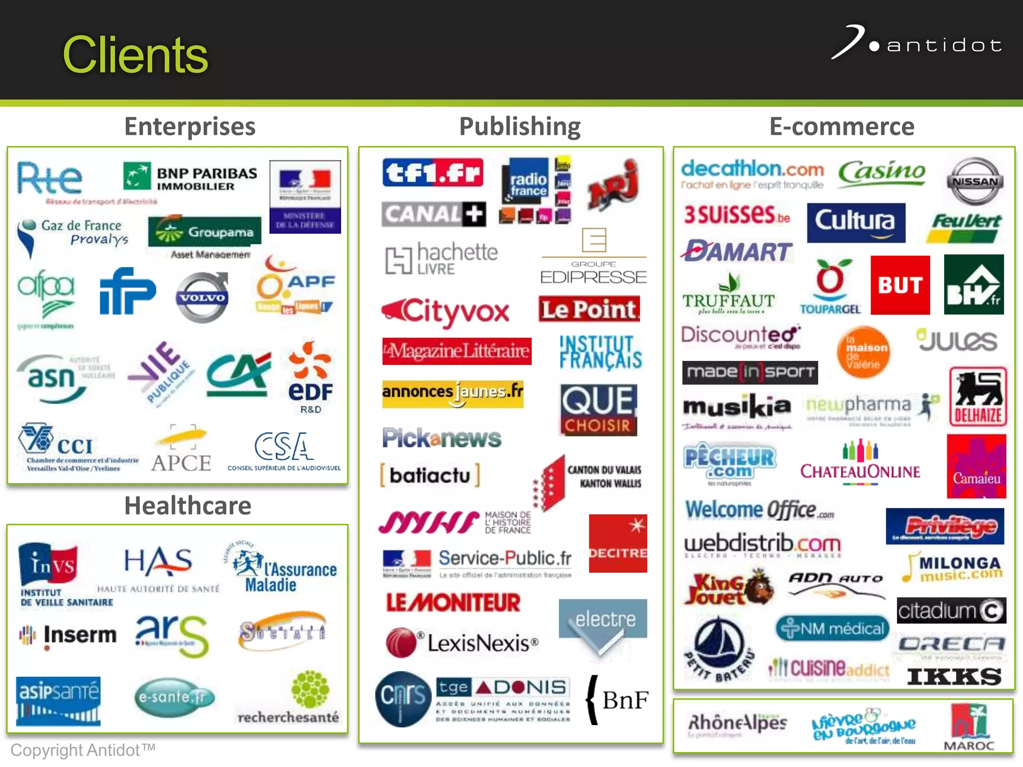 Clients
             Enterprises   Publishing   E-commerce




             Healthcare




                                                     3
Copyright Antidot™
 