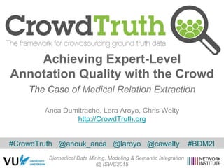 Anca Dumitrache, Lora Aroyo, Chris Welty
http://CrowdTruth.org
Achieving Expert-Level
Annotation Quality with the Crowd
The Case of Medical Relation Extraction
Biomedical Data Mining, Modeling & Semantic Integration
@ ISWC2015
#CrowdTruth @anouk_anca @laroyo @cawelty #BDM2I
 