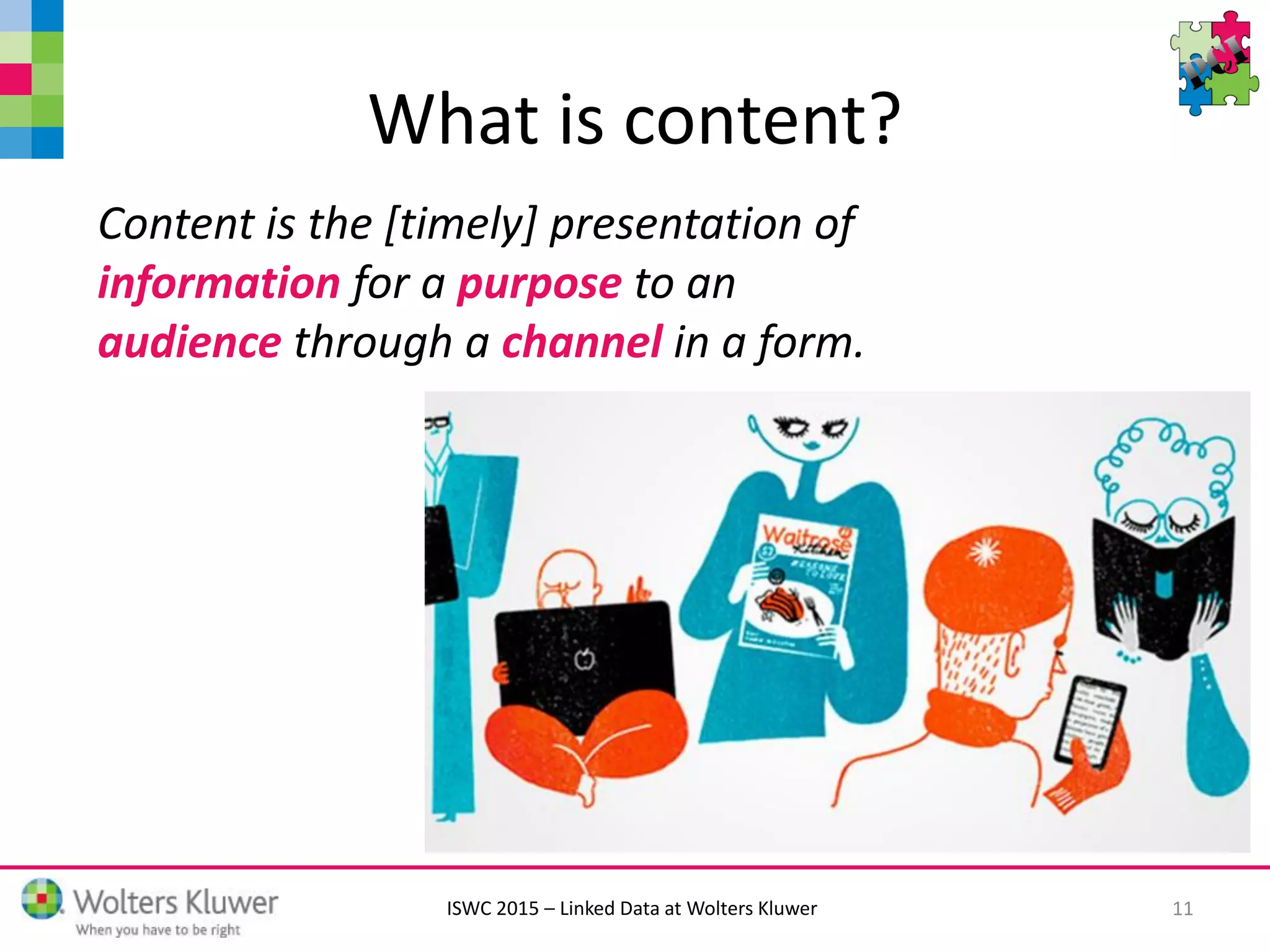 ISWC 2015 – Linked Data at Wolters Kluwer
What is content?
Content is the [timely] presentation of
information for a purpose to an
audience through a channel in a form.
11
 