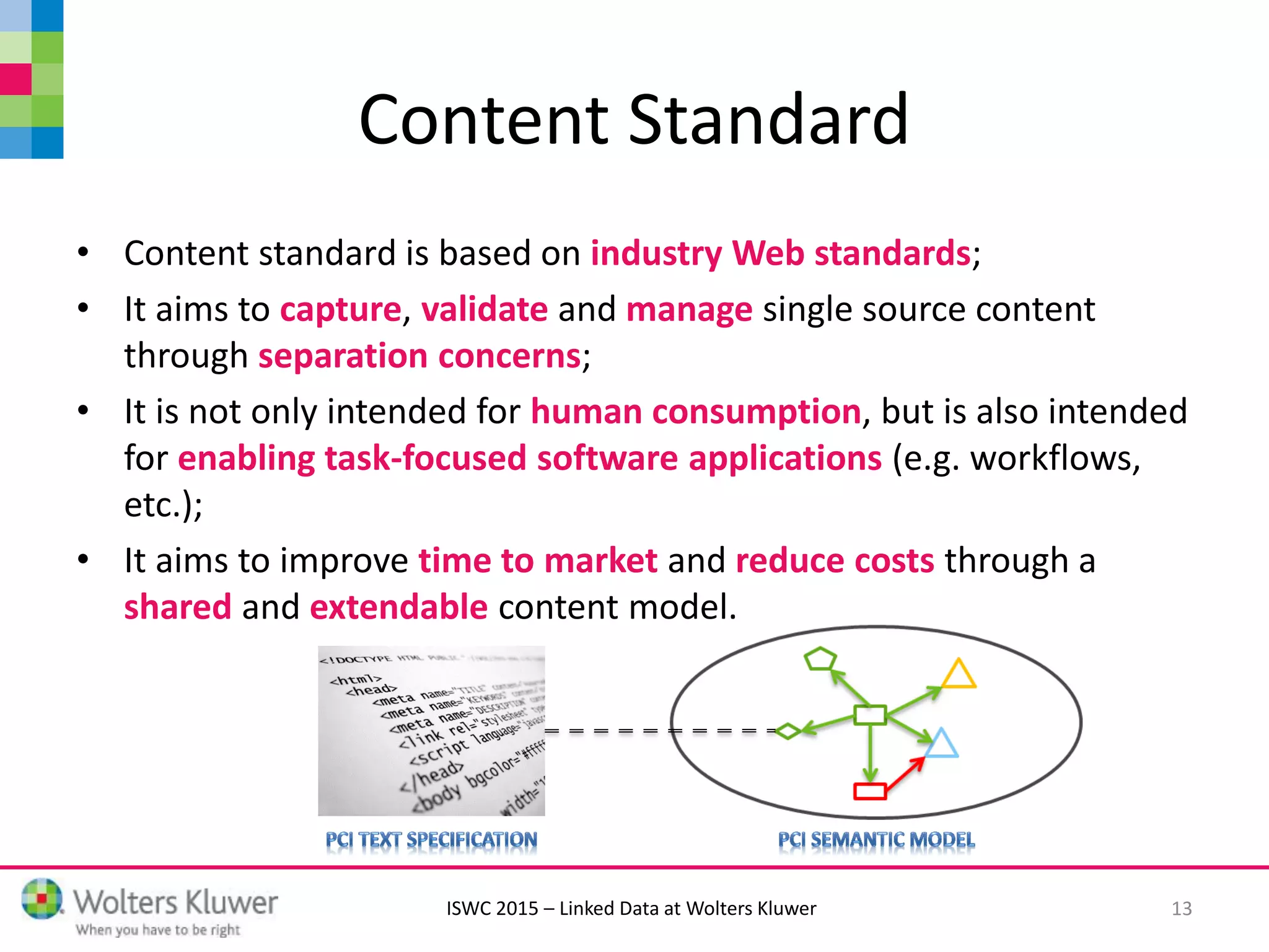 ISWC 2015 – Linked Data at Wolters Kluwer
Content Standard
• Content standard is based on industry Web standards;
• It aims to capture, validate and manage single source content
through separation concerns;
• It is not only intended for human consumption, but is also intended
for enabling task-focused software applications (e.g. workflows,
etc.);
• It aims to improve time to market and reduce costs through a
shared and extendable content model.
13
 