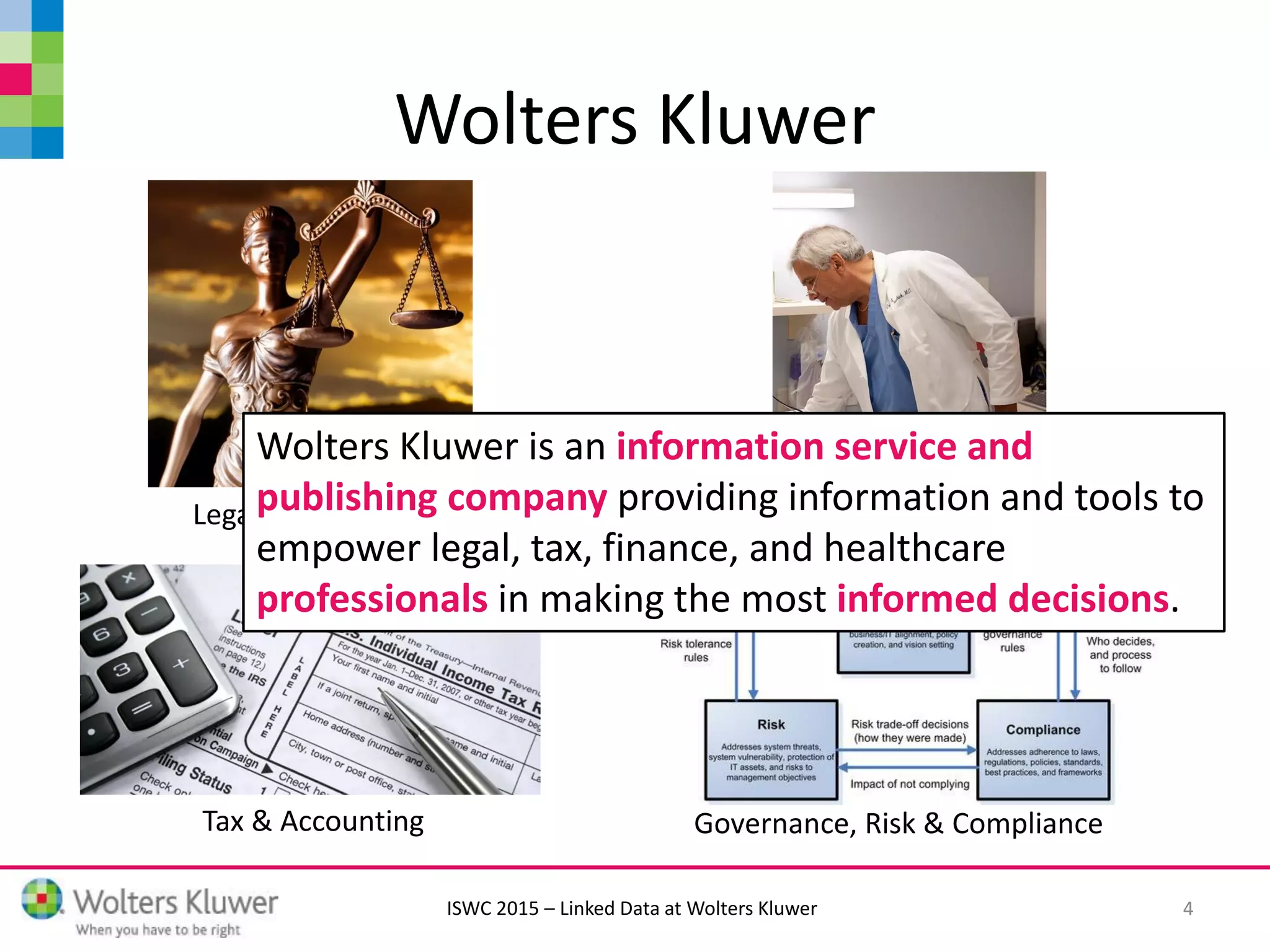 ISWC 2015 – Linked Data at Wolters Kluwer
Wolters Kluwer
4
Legal & Regulatory Health
Tax & Accounting Governance, Risk & Compliance
Wolters Kluwer is an information service and
publishing company providing information and tools to
empower legal, tax, finance, and healthcare
professionals in making the most informed decisions.
 