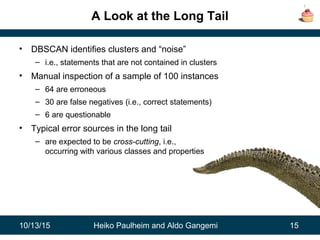 10/13/15 Heiko Paulheim and Aldo Gangemi 15
`
A Look at the Long Tail
• DBSCAN identifies clusters and “noise”
– i.e., statements that are not contained in clusters
• Manual inspection of a sample of 100 instances
– 64 are erroneous
– 30 are false negatives (i.e., correct statements)
– 6 are questionable
• Typical error sources in the long tail
– are expected to be cross-cutting, i.e.,
occurring with various classes and properties
 