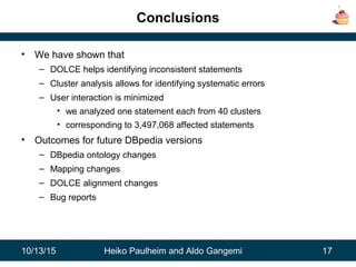 10/13/15 Heiko Paulheim and Aldo Gangemi 17
Conclusions
• We have shown that
– DOLCE helps identifying inconsistent statements
– Cluster analysis allows for identifying systematic errors
– User interaction is minimized
• we analyzed one statement each from 40 clusters
• corresponding to 3,497,068 affected statements
• Outcomes for future DBpedia versions
– DBpedia ontology changes
– Mapping changes
– DOLCE alignment changes
– Bug reports
 