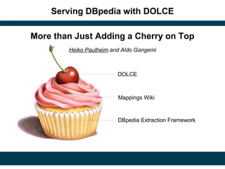 Serving DBpedia with DOLCE
More than Just Adding a Cherry on Top
DBpedia Extraction Framework
Mappings Wiki
DOLCE
Heiko Paulheim and Aldo Gangemi
 