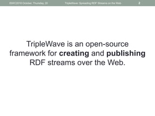 TripleWave is an open-source
framework for creating and publishing
RDF streams over the Web.
ISWC2016 October, Thursday, 2...