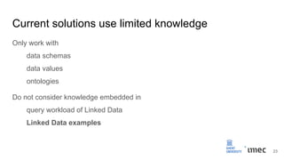 Current solutions use limited knowledge
Only work with
data schemas
data values
ontologies
Do not consider knowledge embedded in
query workload of Linked Data
Linked Data examples
23
 