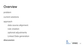 Overview
problem
current solutions
approach
data source alignment
rule creation
optional adjustments
Linked Data generation
discussion
47
 