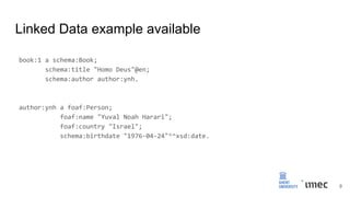 Linked Data example available
9
book:1 a schema:Book;
schema:title "Homo Deus"@en;
schema:author author:ynh.
author:ynh a foaf:Person;
foaf:name "Yuval Noah Harari";
foaf:country "Israel";
schema:birthdate "1976-04-24"^^xsd:date.
 