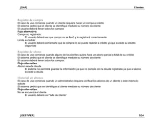 [DAP] Clientes
[GESTIFER] 5/24
Registro de compra
El caso de uso comienza cuando un cliente requiere hacer un compa a crédito
El sistema pedirá que el cliente se identifique mediate su número de cliente
El usuario deberá llenar todos los campos
Fujo alternativo:
Campo no registrado:
El usuario deberá ver que campo no se llenó y lo registrará correctamente
Limite excedido:
El usuario deberá comentarle que la compra no se puede realizar a crédito ya que excede su crédito
disponible
Registro de abono
El caso de uso comienza cuando alguno de los clientes quiera hace un abono parcial o total de su crédito
El sistema pedirá que el cliente se identifique mediate su número de cliente
El usuario deberá llenar todos los campos:
Flujo alternativo:
Abono excede deuda
El sistema no permitirá guardar la información ya que no cumple con la deuda registrada ya que el abono
excede la deuda
Historial de abonos
El caso de uso comienza cuando un administrativo requiera verificar los abonos de un cliente o este mismo lo
solicite
El sistema pedirá que se identifique al cliente mediate su número de cliente
Flujo alternativo:
No se encuentra el cliente
El usuario deberá ver “Alta de cliente”
 