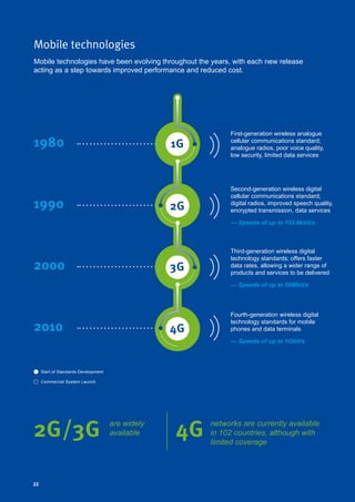 22
Mobile technologies have been evolving throughout the years, with each new release
acting as a step towards improved performance and reduced cost.
Mobile technologies
are widely
available
First-generation wireless analogue
cellular communications standard;
analogue radios, poor voice quality,
low security, limited data services
Second-generation wireless digital
cellular communications standard;
digital radios, improved speech quality,
encrypted transmission, data services
— Speeds of up to 153.6kbit/s
Third-generation wireless digital
technology standards; offers faster
data rates, allowing a wider range of
products and services to be delivered
— Speeds of up to 56Mbit/s
Fourth-generation wireless digital
technology standards for mobile
phones and data terminals
— Speeds of up to 1Gbit/s
networks are currently available
in 102 countries, although with
limited coverage
2G/3G
1980
1990
2000
2010
4G
1G
2G
3G
4G
Start of Standards Development
Commercial System Launch
22
 