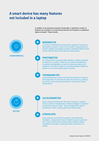 37Global Internet Report 2015
ENVIRONMENTAL
In addition to its personal computer functionality, a significant number of
features are included in a smart device that are not included in a traditional
laptop computer. These include:
a number of smartphones include tools capable of measuring
atmospheric pressure, which can be useful in augmenting the
phone’s weather forecasting as well as indicating altitude which
can be used for fitness and exercise tracking apps
an instrument for measuring light intensity or optical properties
of solutions or surfaces, these can be used by smartphones
to augment photography, as well as measuring objects and
distances. This also is useful for controlling display brightness
based on how much ambient light is present
some smartphones contain internal thermometers to measure
the temperature of components within the phone (e.g. battery)
as well as a secondary thermometer for measuring outside
temperatures
BAROMETER
PHOTOMETER
THERMOMETER
A smart device has many features
not included in a laptop
MOTION
these measure acceleration (the rate of change in velocity),
which is useful in smartphones to detect changes in orientation
and tell the screen to rotate. They are additionally used in
smartphone motion sensing games and fitness apps
ACCELEROMETER
these devices use the Earth’s gravity to help determine
orientation, measuring the rate of rotation around a particular
axis. These enhance the accelerometer’s ability to detect
smartphone orientation, particularly when the device is in
motion
GYROSCOPE
 