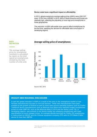 48
Device costs have a significant impact on affordability
In 2013, global smartphone average selling prices (ASPs) were USD 337,
down 12.8% from USD387 in 2012. ASPs in North America and Europe are
relatively high, reflecting the popularity of more high-end smartphones in
these geographies.
This reduction in ASPs will enable more users to afford smartphones for
the first time, satisfying the demand for affordable data consumption in
developing regions.
Average selling price of smartphones
600
500
400
300
200
100
0
Asia/
Pacific
Europe North
America
Latin
America
Middle
East and
Africa
World
Averagesellingpriceofsmartphones
(USD)
In part this global reduction in ASPs is a result of the entry to the smartphone market of new
handset manufacturers focused on low-cost devices. These new manufacturers have been
enabled by the growth of Android as well as more open-source operating systems such as Firefox.
Traditional device manufacturers such as Motorola and Nokia have released budget smartphones
priced at under GBP150, such as the Motorola Moto G 2014 and the Nokia Lumia 735. In
developing regions, new entrants to the device market are releasing smartphones with lower
specifications at much cheaper prices, for example Mozilla launched its Firefox OS smartphones
in India priced at USD255
and the Chinese equipment company ZTE sells its ZTE Blade Q Mini
device for less than GBP50.
INSIGHT AND REGIONAL DISCUSSION
DATA
DEFINITION
The average selling
price for smartphone
handsets is calculated
by region as the total
spend on smartphones
divided by the total
number of units sold.
Source: IDC, 2015
5
See http://www.ibtimes.co.uk/ultra-low-cost-mozilla-firefox-smartphones-hit-budget-conscious-india-
soon-1452243
 