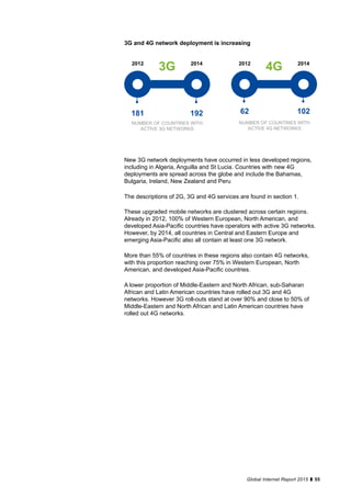 55Global Internet Report 2015
2012
181
2014
192
3G
NUMBER OF COUNTRIES WITH
ACTIVE 3G NETWORKS
2012
62
2014
102
4G
NUMBER OF COUNTRIES WITH
ACTIVE 4G NETWORKS
New 3G network deployments have occurred in less developed regions,
including in Algeria, Anguilla and St Lucia. Countries with new 4G
deployments are spread across the globe and include the Bahamas,
Bulgaria, Ireland, New Zealand and Peru
The descriptions of 2G, 3G and 4G services are found in section 1.
These upgraded mobile networks are clustered across certain regions.
Already in 2012, 100% of Western European, North American, and
developed Asia-Pacific countries have operators with active 3G networks.
However, by 2014, all countries in Central and Eastern Europe and
emerging Asia-Pacific also all contain at least one 3G network.
More than 55% of countries in these regions also contain 4G networks,
with this proportion reaching over 75% in Western European, North
American, and developed Asia-Pacific countries.
A lower proportion of Middle-Eastern and North African, sub-Saharan
African and Latin American countries have rolled out 3G and 4G
networks. However 3G roll-outs stand at over 90% and close to 50% of
Middle-Eastern and North African and Latin American countries have
rolled out 4G networks.
3G and 4G network deployment is increasing
 