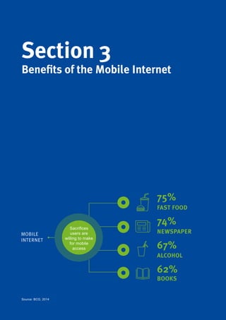 68
Section 3
FAST FOOD
75%
74%
67%
62%
NEWSPAPER
ALCOHOL
BOOKS
Benefits of the Mobile Internet
MOBILE
INTERNET
Sacrifices
users are
willing to make
for mobile
access
Source: BCG, 2014
 
